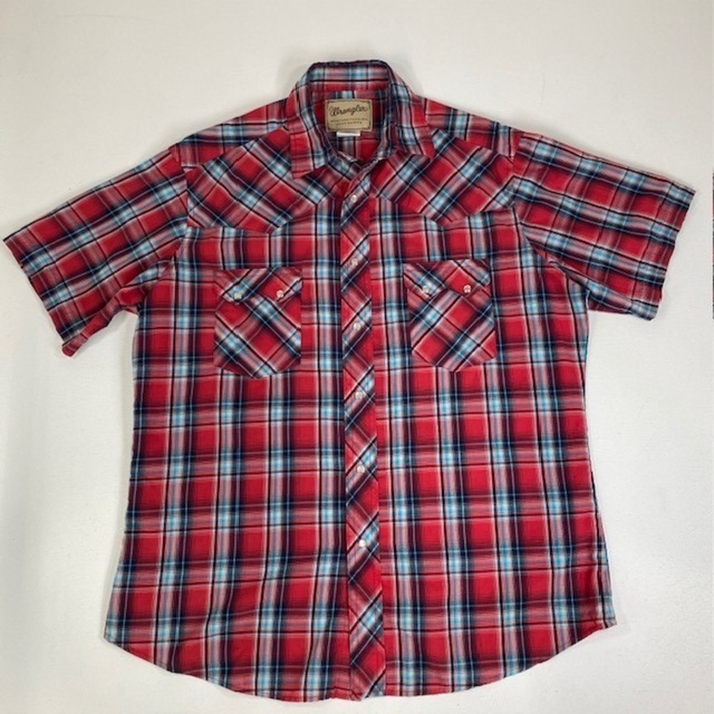 Wrangler‎ Vintage Western Fashion Snap Shirt Plaid Short Sleeve L